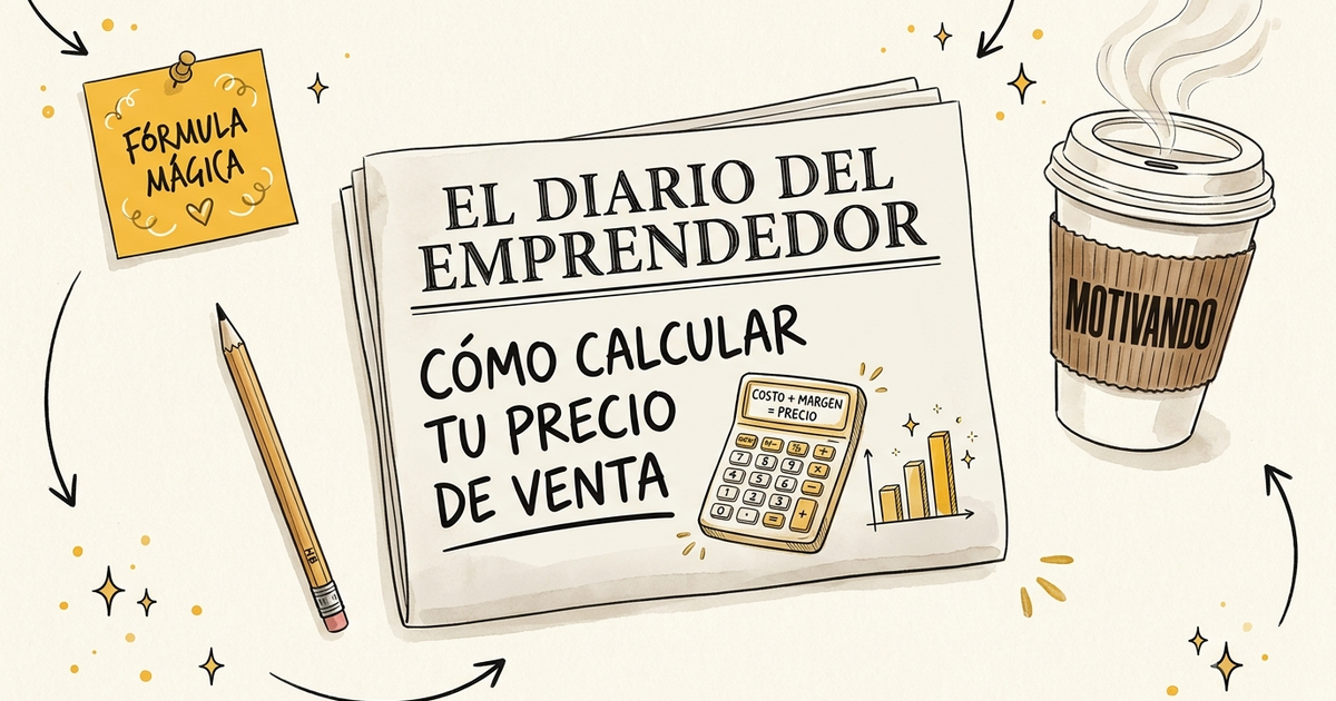 Periódico El Diario del Emprendedor explicando cómo calcular el precio de venta con calculadora, vaso Motivando