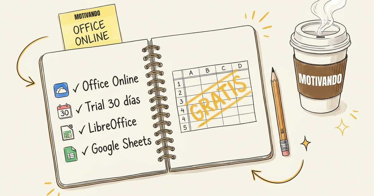Cuaderno con guía paso a paso para tener Excel gratis sin pagar licencia, vaso Motivando