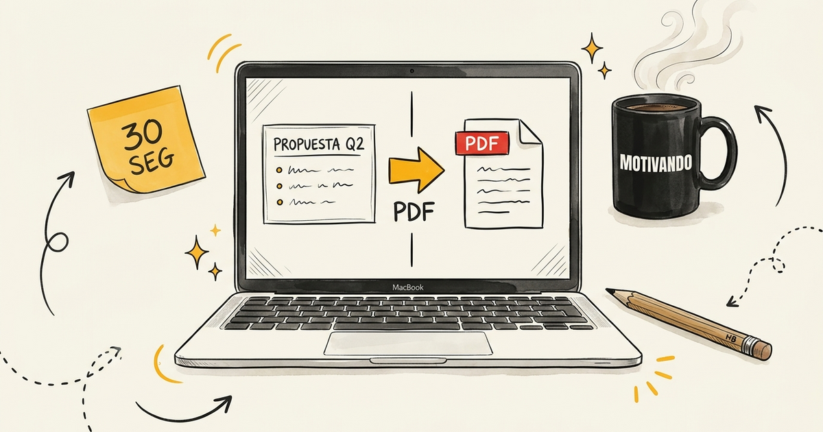 Laptop convirtiendo PowerPoint a PDF con flecha entre slide y documento, taza Motivando