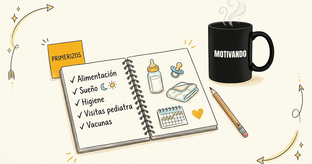 Cuaderno con checklist de cuidados del recién nacido para padres primerizos y biberón ilustrado, taza Motivando