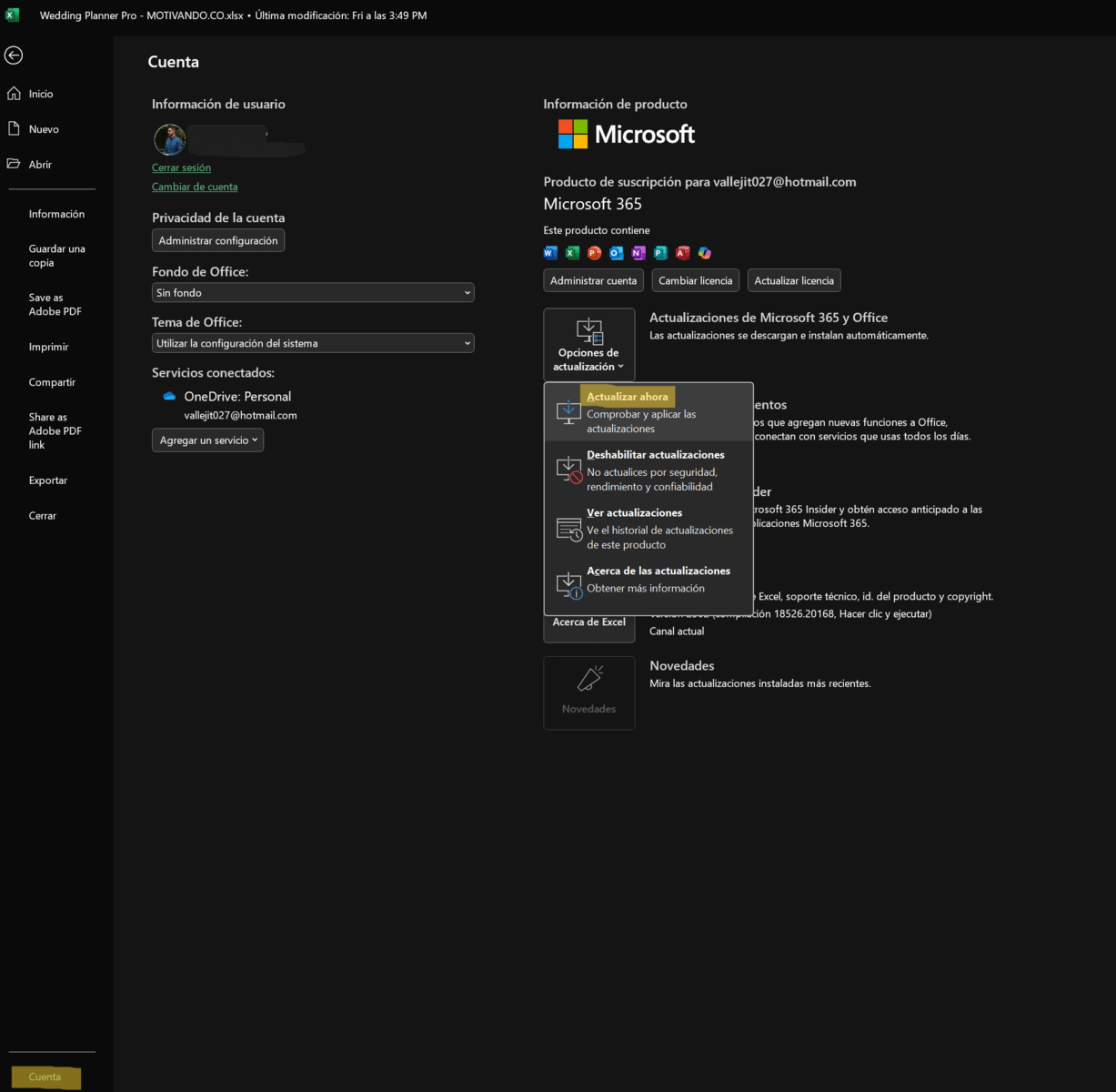 Captura de pantalla mostrando la opción de Actualizar Ahora en la sección Cuenta de Excel