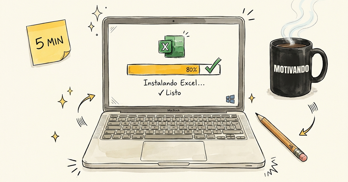 Laptop con tutorial para instalar Excel gratis en PC y taza Motivando con café