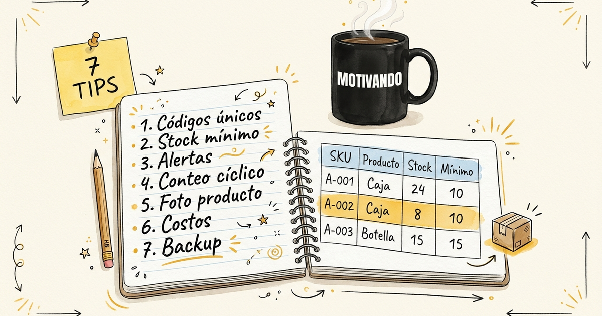 Cuaderno con consejos para llevar inventario en Excel y plantilla de stock, taza Motivando